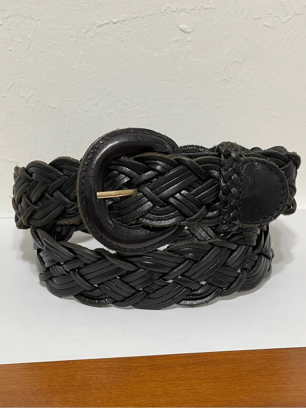 Vintage Fossil Black Woven Braided Leather Belt Leather Wrapped Buckle Size L